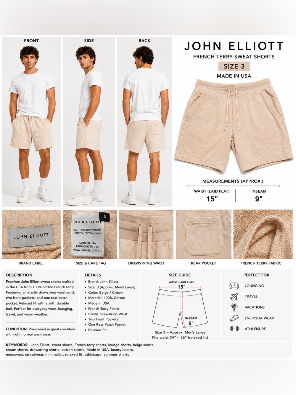 John Elliott French Terry Sweat Shorts Size 3 Beige Cream Made in USA Drawstring